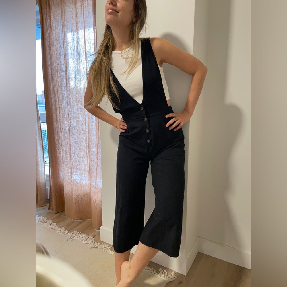 Black V-Neck Button-Front Cropped Jumpsuit